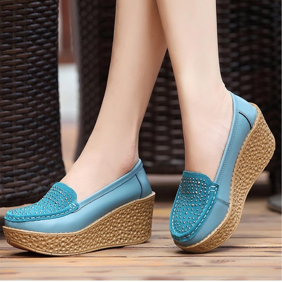 Rhinestones Platform Wedge Comfort Non-Slip ,Leather Wedge Moccasins Walking - Picture 4 of 7